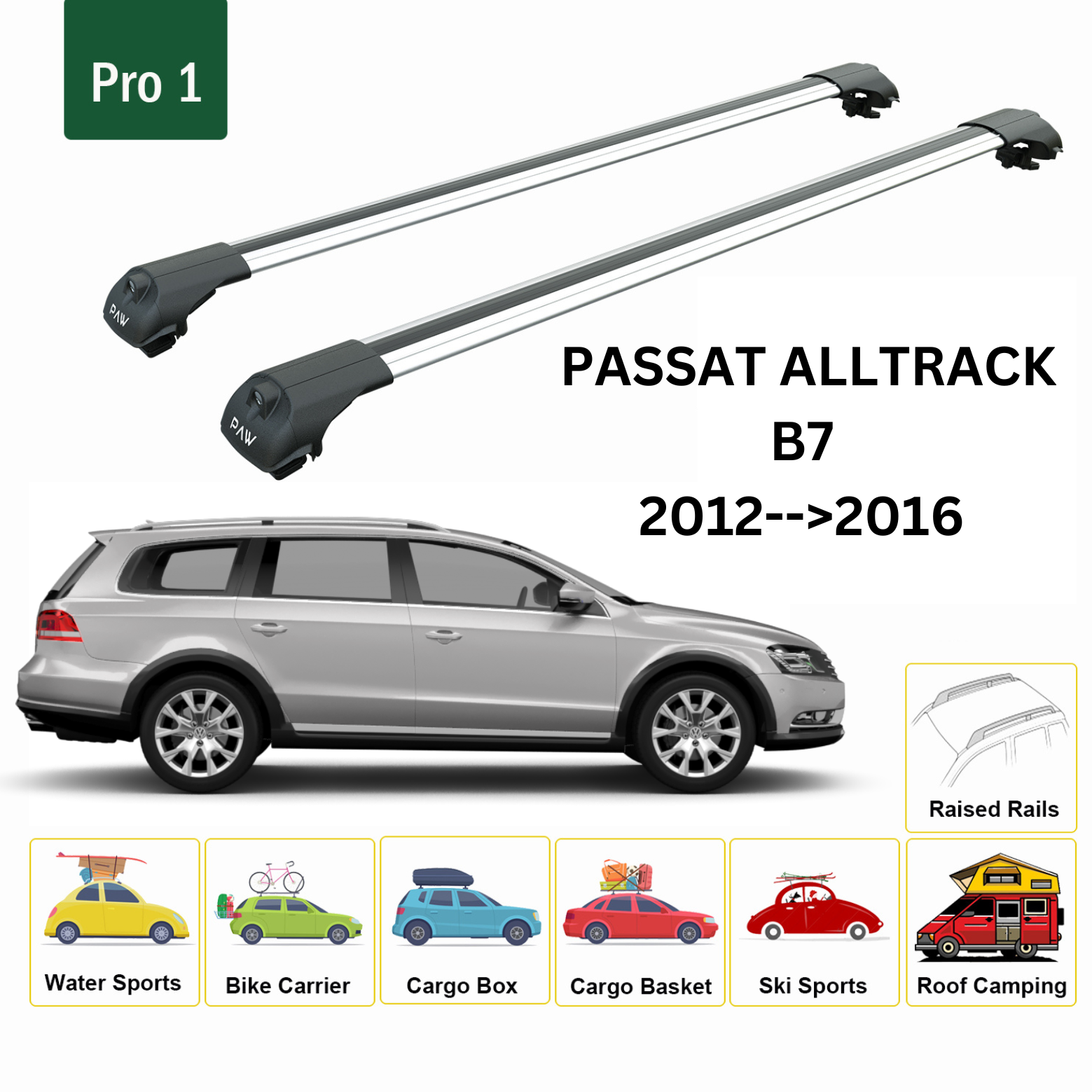 For Volkswagen Passat Alltrack B7 2012-16 Roof Rack Cross Bar Raised Rail Alu Silver For Volkswagen Passat Alltrack B7 2012-16 Roof Rack Cross Bar Raised Rail Alu Silver